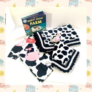 Black & White Cow Crochet Baby Blanket Lovey and Book Gift Set 4 Piece